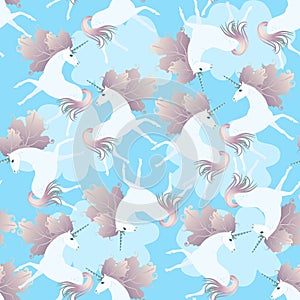 Seamless background with cute unicorns with manes in form of viburnum leaves frolic in blue sky among white clouds.