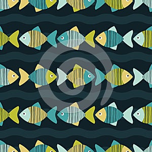 Seamless background with decorative fish. Scribble texture.