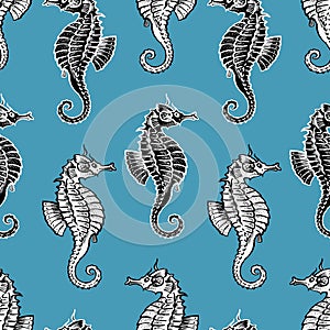 Seamless background of decorative seahorses