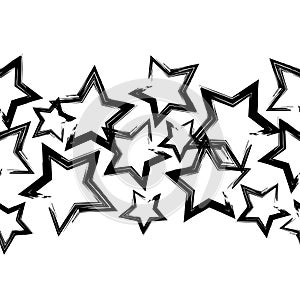 Seamless background with decorative stars. Black-and-white brushwork. Scratches texture.