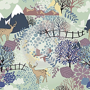 seamless background from deers, mountains and floral elements