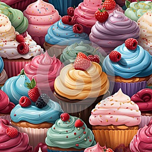 Seamless background with delicious cupcakes and raspberries illustration. Generative ai