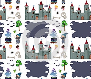 Seamless background design with castle and wizard