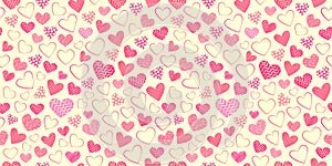 Seamless background with different stylized hearts. Pink hearts on a yellow background