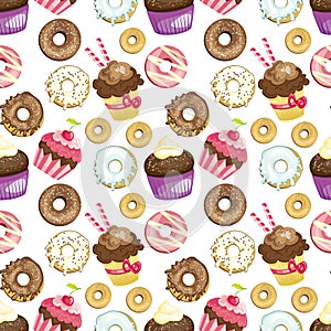 Seamless background with different sweets and desserts. tiled donuts and cupcakes pattern. Cute wrapping paper texture.