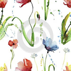 Seamless background. drawing exotic flowers. watercolor illustration.