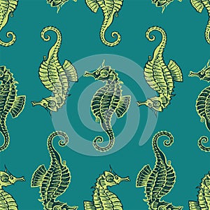 Seamless background of drawn decorative seahorses