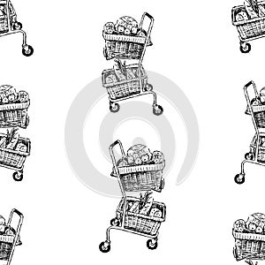 Seamless background of drawn full grocery cart with different foodstuffs