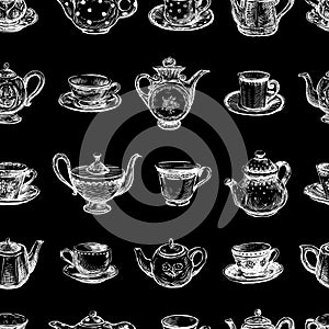 Seamless background of drawn tea cups and teapots