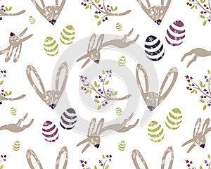 Seamless Background for Easter. Pattern with Easter Bunny, blooming twig and eastereggs