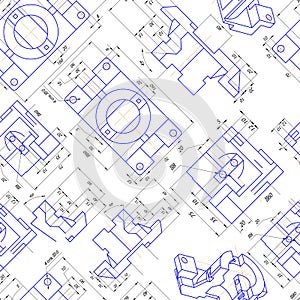 Seamless background of engineering drawings of parts. Vector