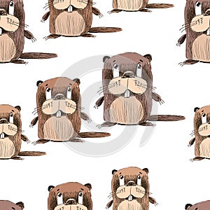 Seamless background of a family of cartoon beavers photo