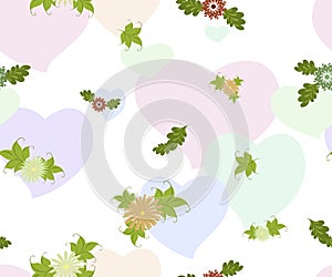 Seamless background with flowers and hearts on a homogeneous white background. EPS10 vector illustration