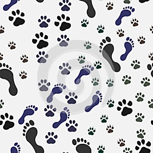 Seamless background with footprint of cat and dog and man. Vector illustration.