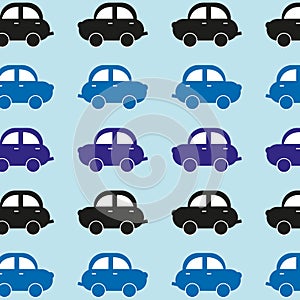 Seamless background from funny cars. Cars go one after another. Bright colors. Vector illustration of car blue shades.