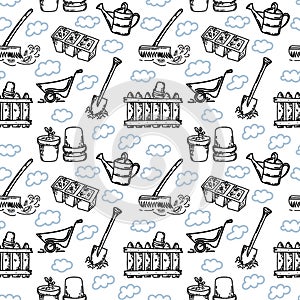 Seamless background with garden tools, hand-drawn doodle-style elements. Shovel, rake, wheelbarrow and fence. Young