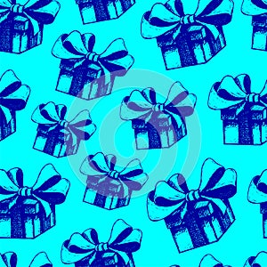 Seamless blue background with gift boxes