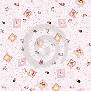 Seamless background for gift wrapping, Wallpaper, paper. Goodies, pies and cake.