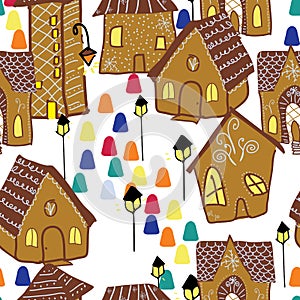 Seamless background of gingerbread village. Vector illustration of doodle.