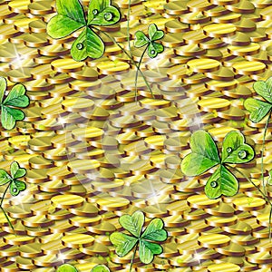 Seamless background with golden coins, three-leaved shamrocks, Lucky Irish Four Leaf Clover in the Field for St