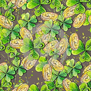 Seamless background with golden coins, three-leaved shamrocks, Lucky Irish Four Leaf Clover in the Field for St