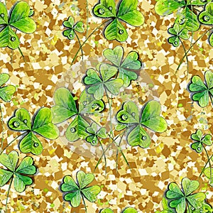 Seamless background with golden coins, three-leaved shamrocks, Lucky Irish Four Leaf Clover in the Field for St