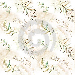Seamless background with green and beige leaves, white background. Luxury pattern for creating textiles, wallpaper, scapbook,