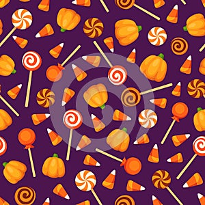 Seamless background with Halloween candies on purple. Vector illustration.