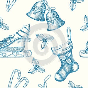 Seamless background with hand drawn bells, santa`s sleigh, candy, holly and sock. New year. Christmas pattern can be used for