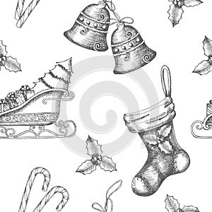 Seamless background with hand drawn bells, santa`s sleigh, candy, holly and sock. New year. Christmas pattern can be used for