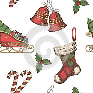 Seamless background with hand drawn bells, santa`s sleigh, candy, holly and sock. New year. Christmas pattern can be used for