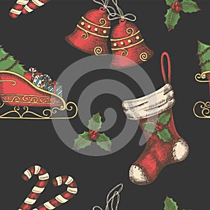 Seamless background with hand drawn bells, santa`s sleigh, candy, holly and sock. New year. Christmas pattern can be used for