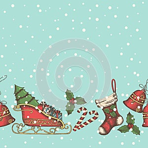 Seamless background with hand drawn bells, santa`s sleigh, candy, holly and sock. New year. Christmas pattern can be used for