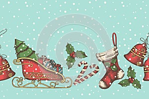 Seamless background with hand drawn bells, santa`s sleigh, candy, holly and sock. New year. Christmas pattern can be used for