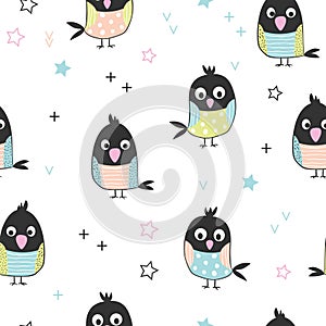 Seamless background with hand-drawn cute birds