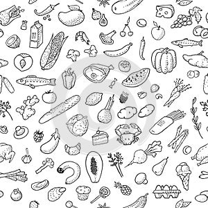 Seamless background with hand drawn food, black and white. Vector illustration, eps10.