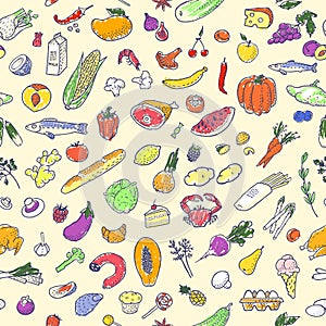Seamless background with hand drawn food. Vector illustration, eps10.