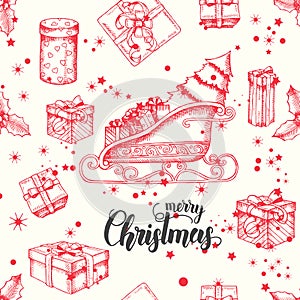 Seamless background with hand drawn gifts, santa`s sleigh, holly and glitter. New year. Christmas pattern can be used for
