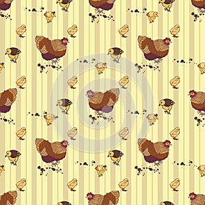 Seamless background with hand drawn rooster, hens and chickens