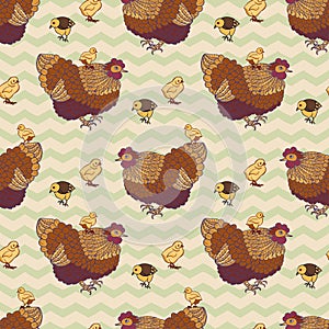 Seamless background with hand drawn rooster, hens and chickens