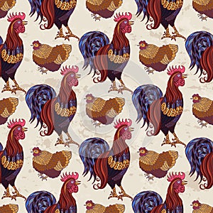 Seamless background with hand drawn rooster, hens and chickens