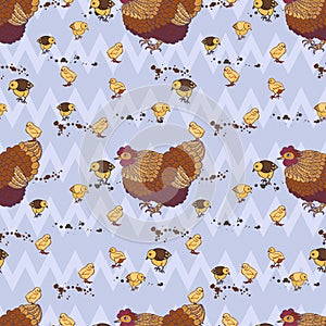 Seamless background with hand drawn rooster, hens and chickens