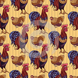 Seamless background with hand drawn rooster, hens and chickens