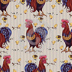 Seamless background with hand drawn rooster, hens and chickens