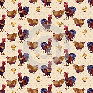 Seamless background with hand drawn rooster, hens and chickens