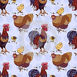 Seamless background with hand drawn rooster, hens and chickens