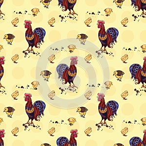 Seamless background with hand drawn rooster, hens and chickens