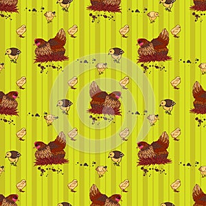 Seamless background with hand drawn rooster, hens and chickens