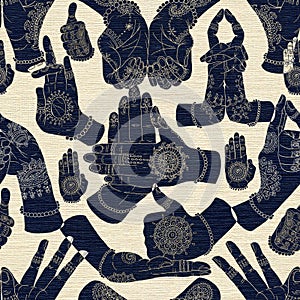 Seamless background with hand mudras on blue textured background