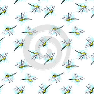 seamless background with handdrawn dragonfly